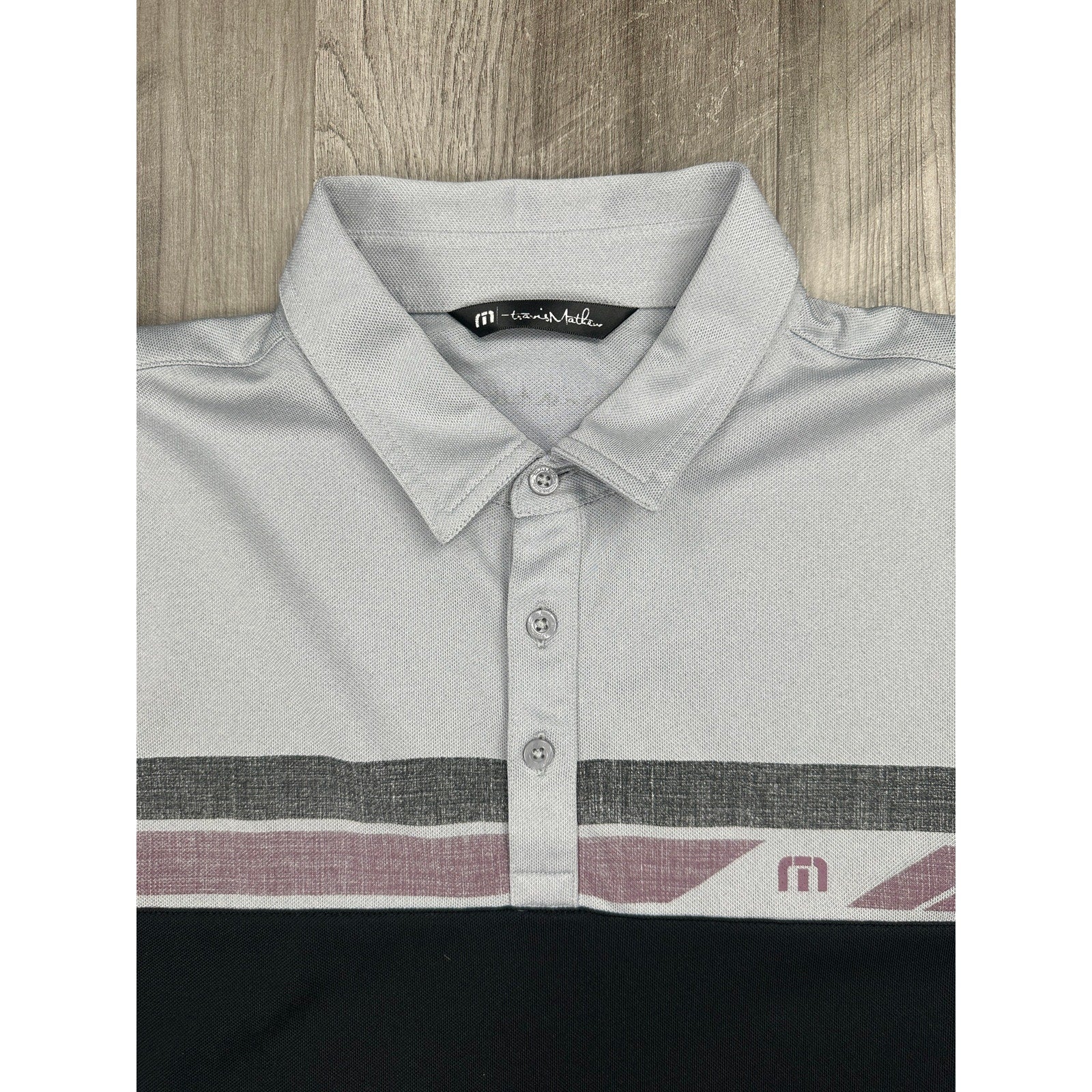 TravisMathew Real Treat Striped Stretch Golf Polo in Gray, Black, Purple — Size Large // Preowned