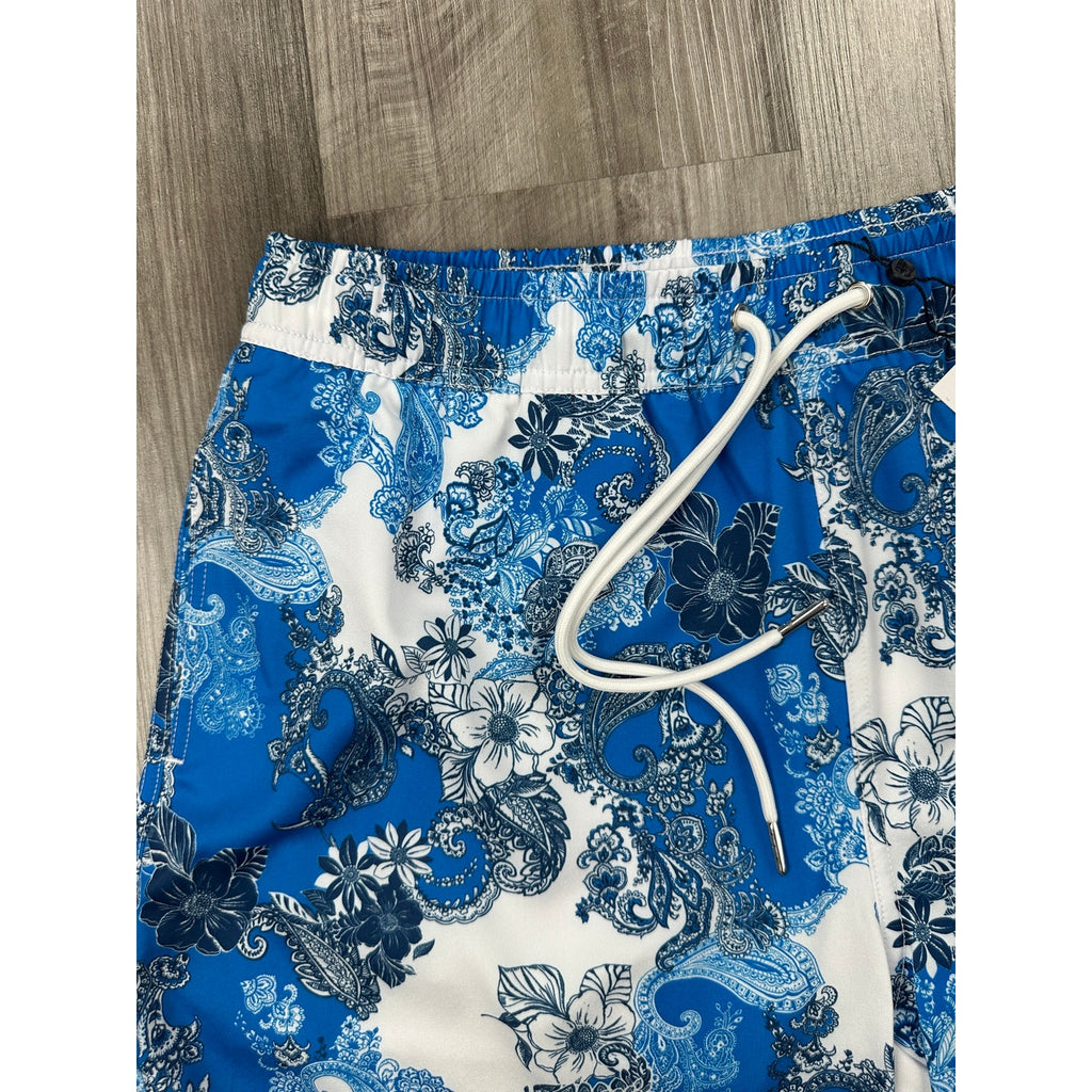 Robert Graham Floral Paisley Swim Trunks in Blue Navy and White — Size Medium