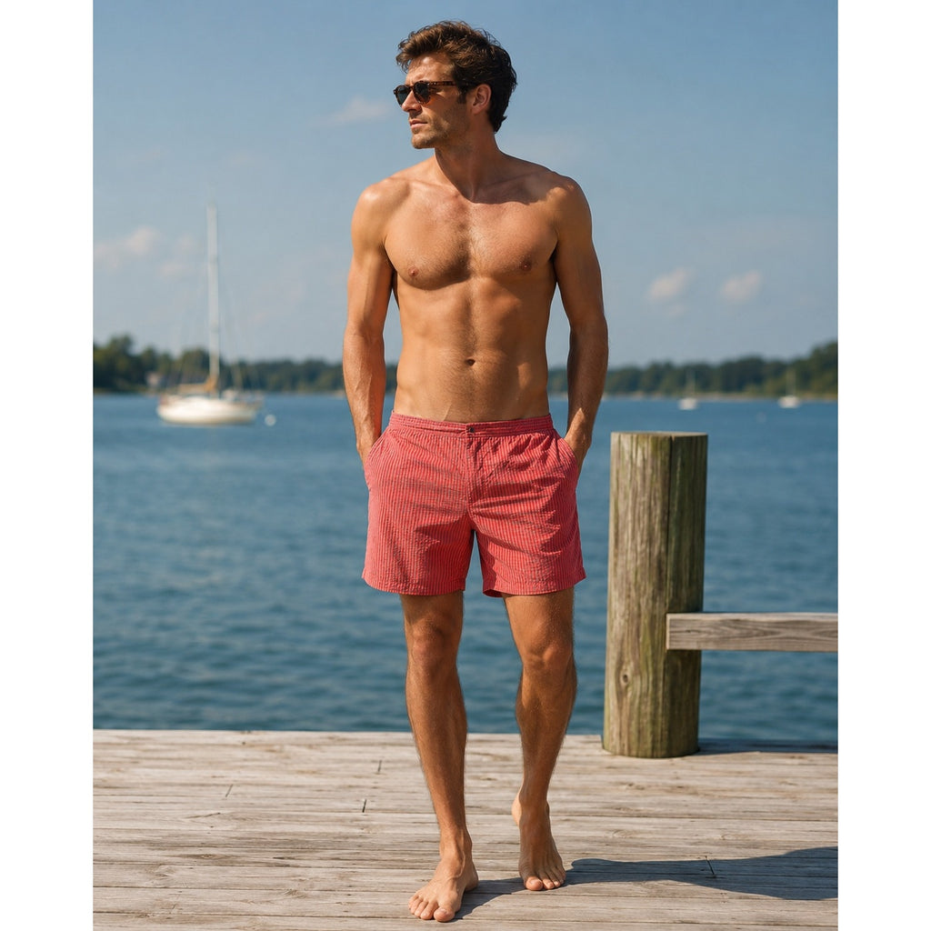 Peter Millar Seersucker Gingham Swim Trunks in Red, Gray — Size 2XL // Preowned