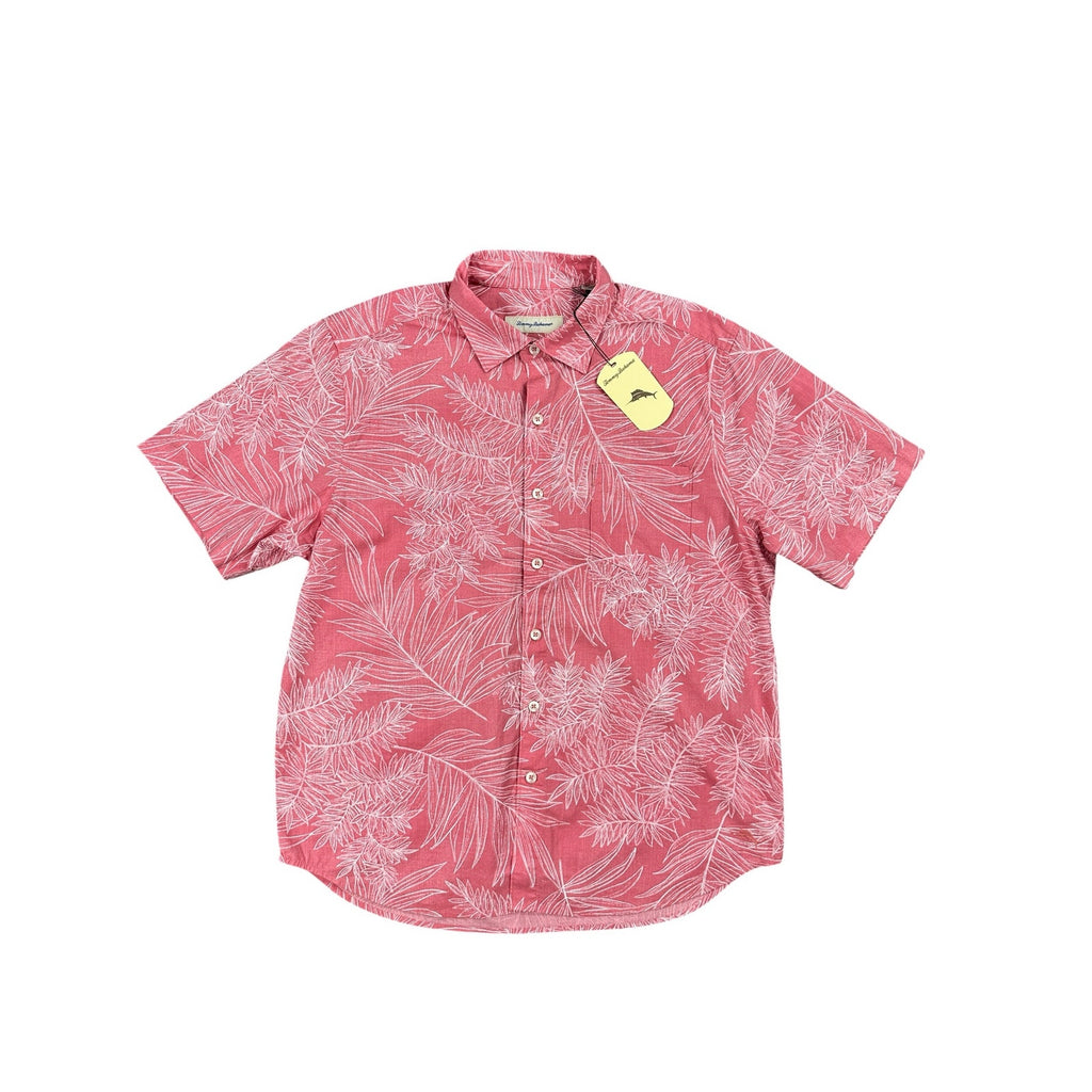 Tommy Bahama Shellrossa Palm Leaf Cotton Short Sleeve Camp Shirt in Hula Pink — Size Large