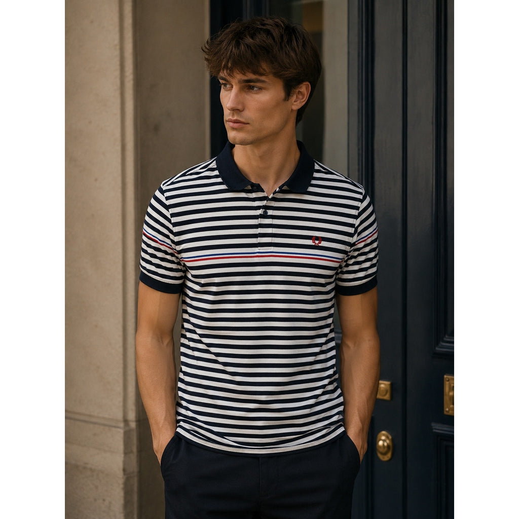 Fred Perry Slim Fit Striped Pique Polo in Navy White Red Blue — Size XL // Preowned