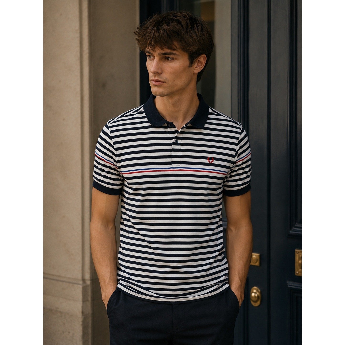 Fred Perry Slim Fit Striped Pique Polo in Navy White Red Blue — Size XL // Preowned