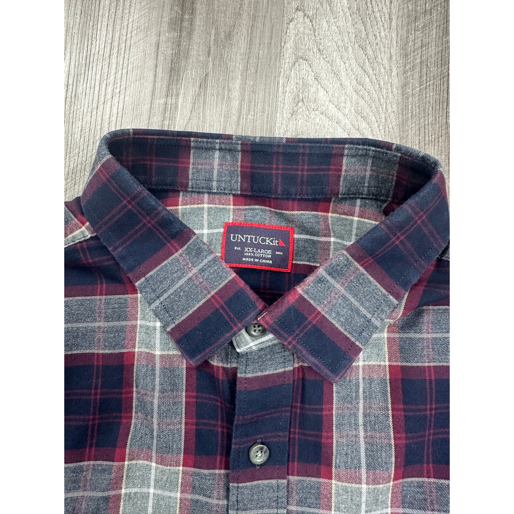 UNTUCKit Alentejo Plaid Flannel Long Sleeve Button Down in Navy Maroon Gray White Cream — Size 2XL // Preowned