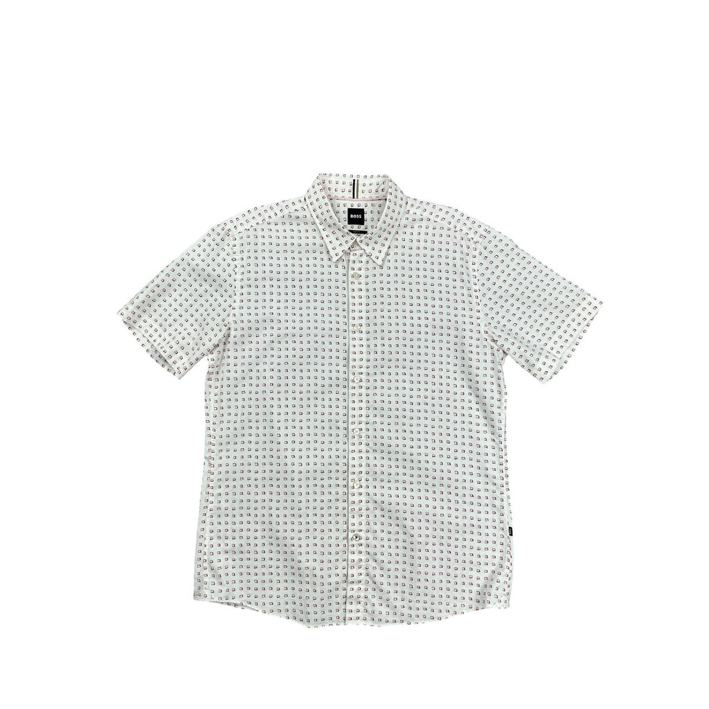 BOSS Slim Fit Ink Squares Short Sleeve Button Down in White with Red Squares — Size Large // Preowned