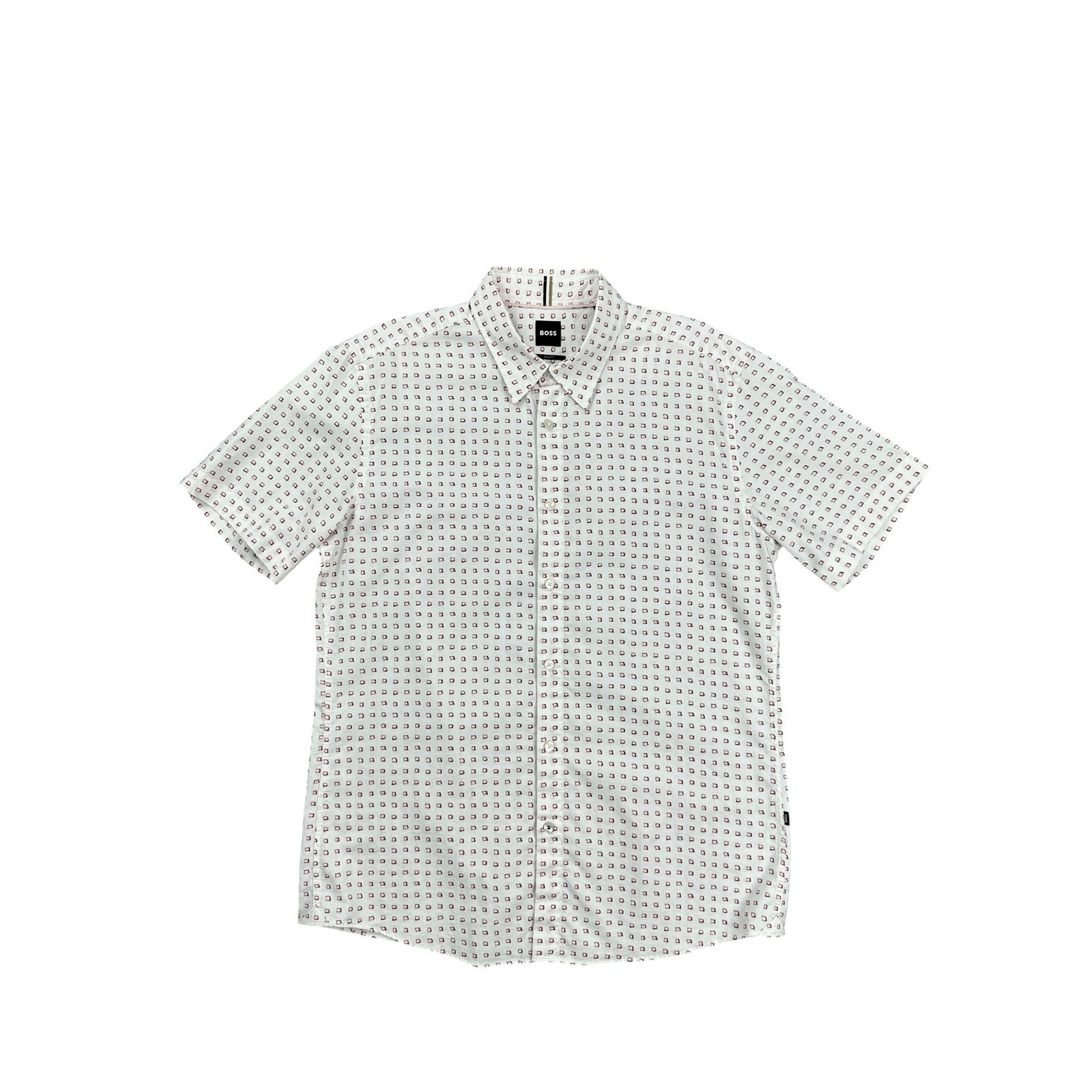 BOSS Slim Fit Ink Squares Short Sleeve Button Down in White with Red Squares — Size Large // Preowned