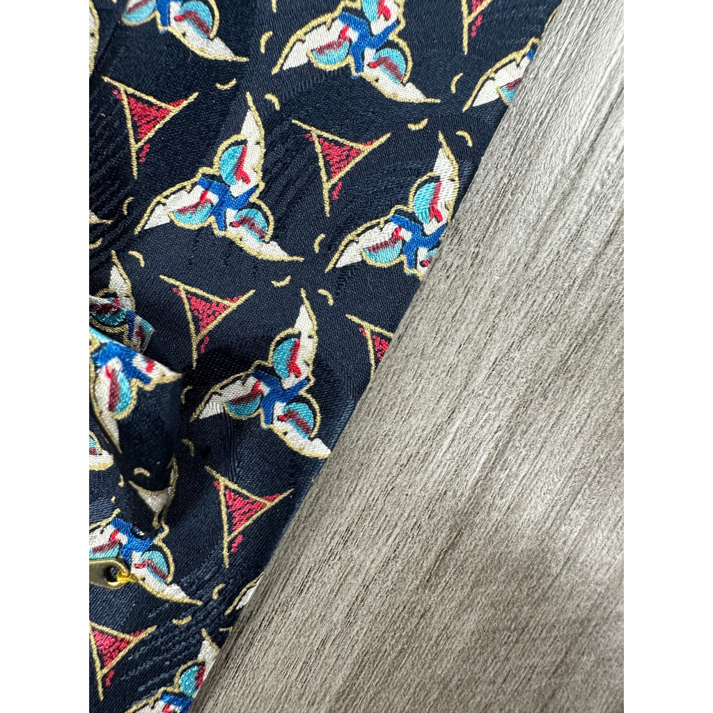 Brioni Geometric Triskelion Tessellation Made in Italy Silk Tie in Navy with Red, Gold, Blue, White — Size OS // Preowned
