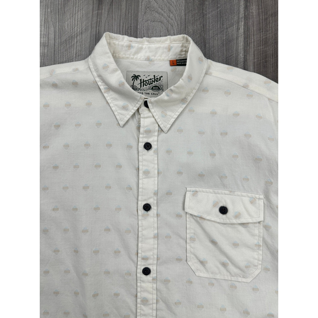 Howler Brothers San Gabriel Short Sleeve Button Down in Sunrise Jacquard Sandston — Size Large