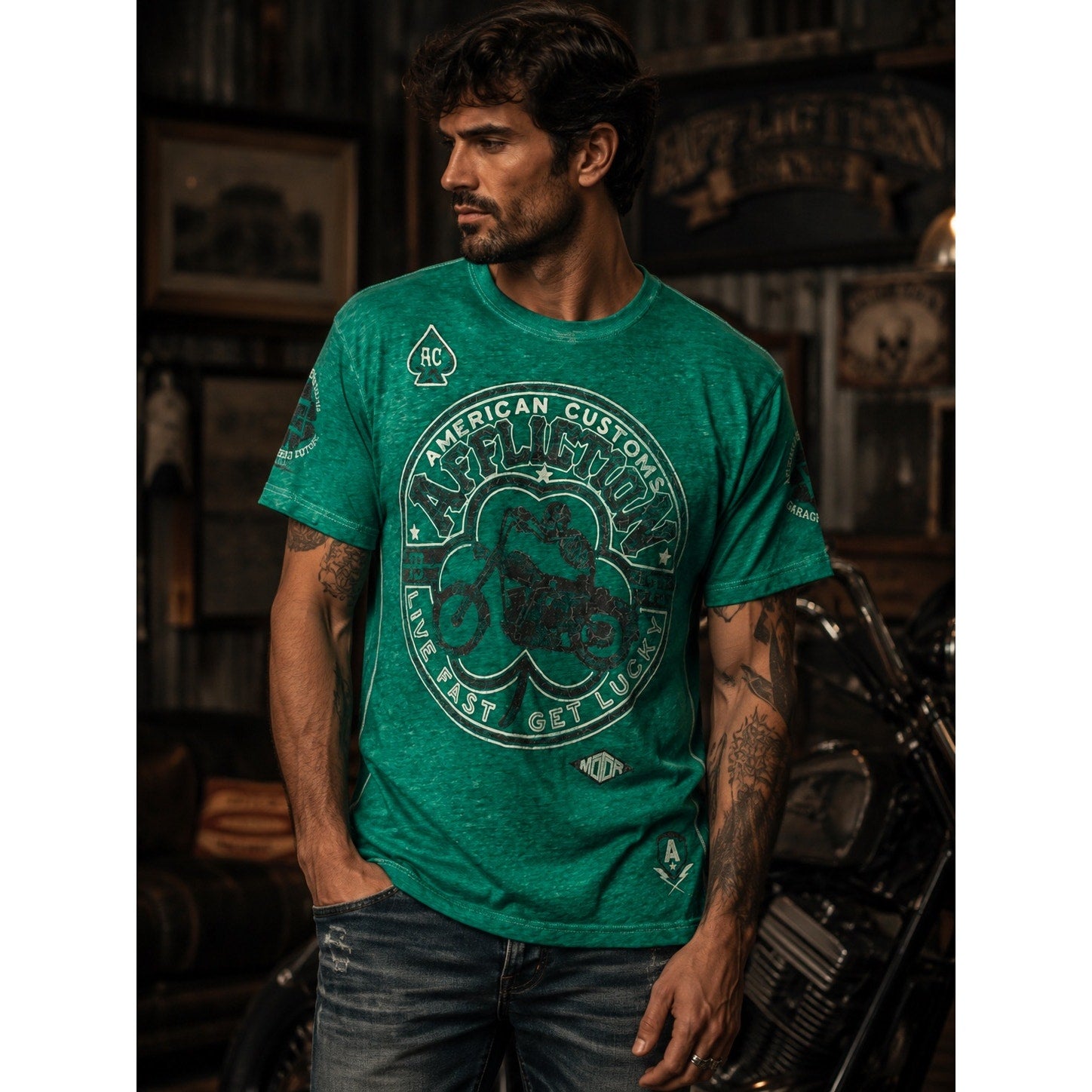 Affliction American Customs Live Fast Get Lucky Graphic Tee Green  — Size XL