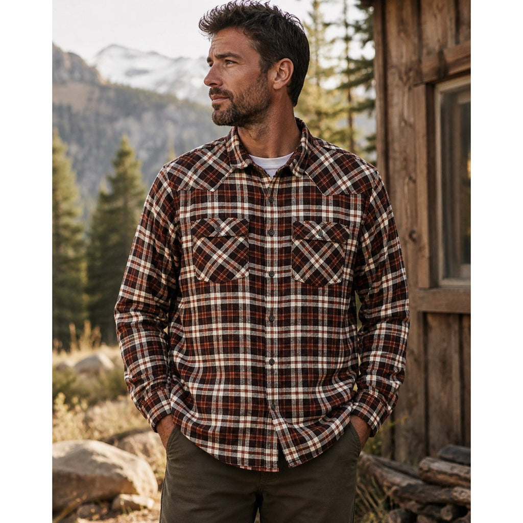 Simms Santee Flannel Camp Plaid Long Sleeve Shirt in Mahogany, Tan — Size XL // Preowned