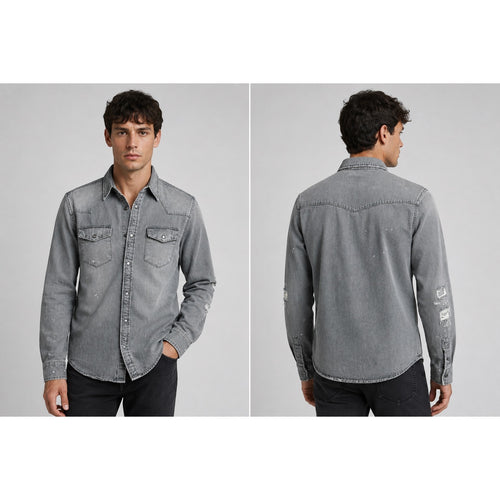 Allsaints Gino Distressed Denim Long Sleeve Pearl Snap in Gray — Size XS // Preowned