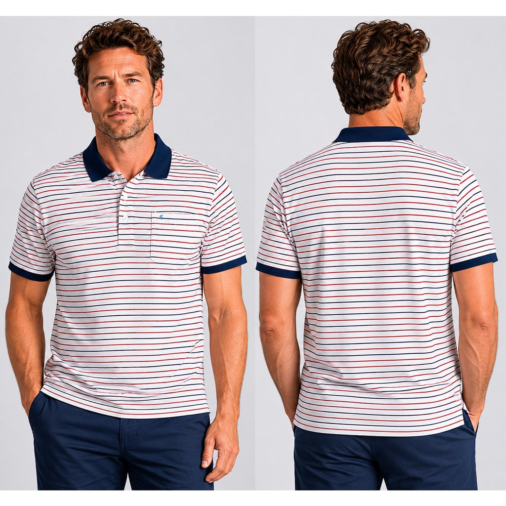 Criquet Classic Players Shirt Striped Polo White Red Navy Pima Cotton — Size XL