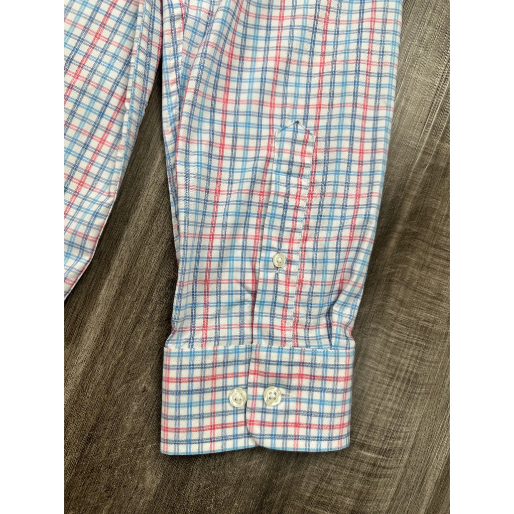Johnnie-O Han Everyday Performance Long Sleeve Button Down in White with Pink, Navy and Blue — Size XL