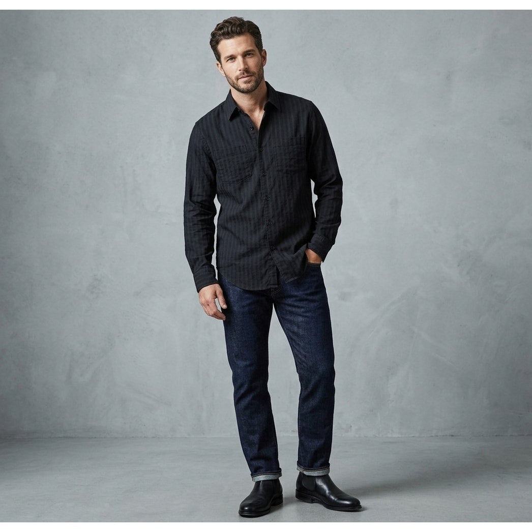 Todd Snyder Jacquard Two Pocket Point Collar Black Long Sleeve Button Down - Med