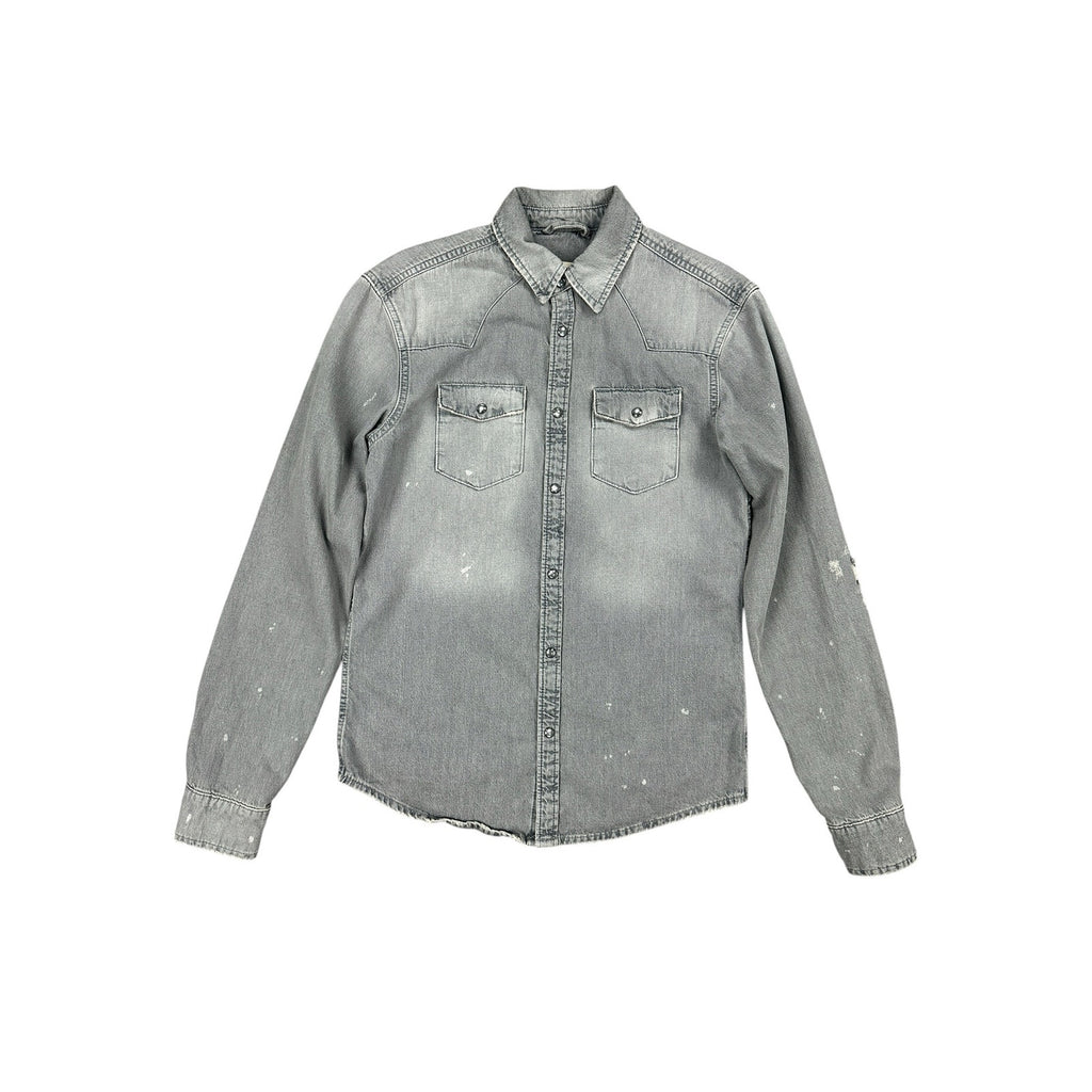 Allsaints Gino Distressed Denim Long Sleeve Pearl Snap in Gray — Size XS // Preowned