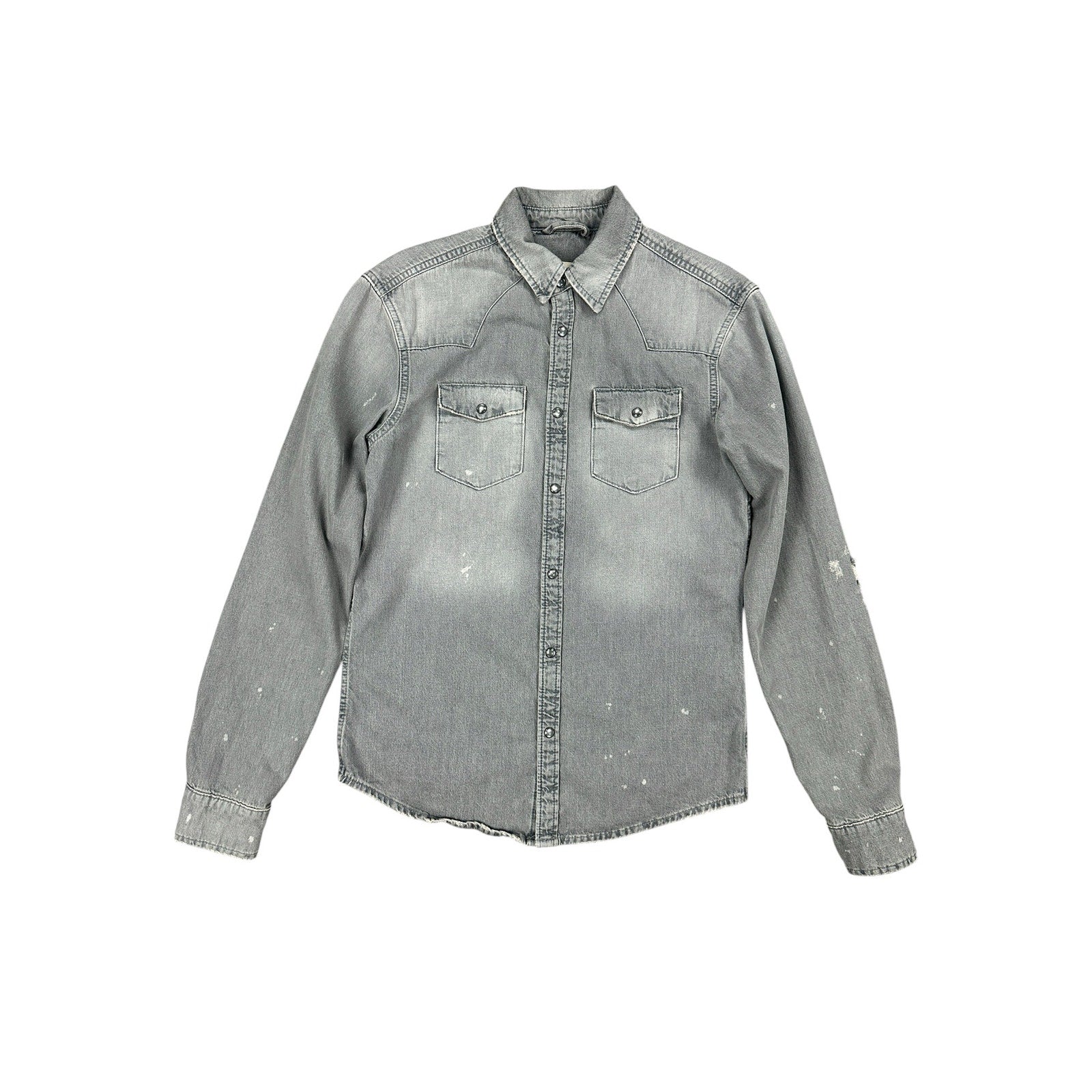 Allsaints Gino Distressed Denim Long Sleeve Pearl Snap in Gray — Size XS // Preowned