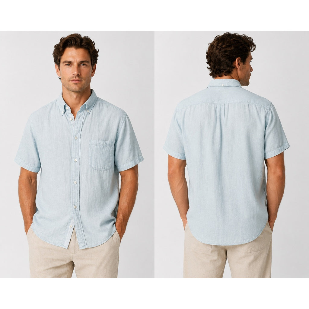 Billy Reid Linen Standard Cut Short Sleeve Button Down Shirt in Light Blue — Size Medium // Preowned