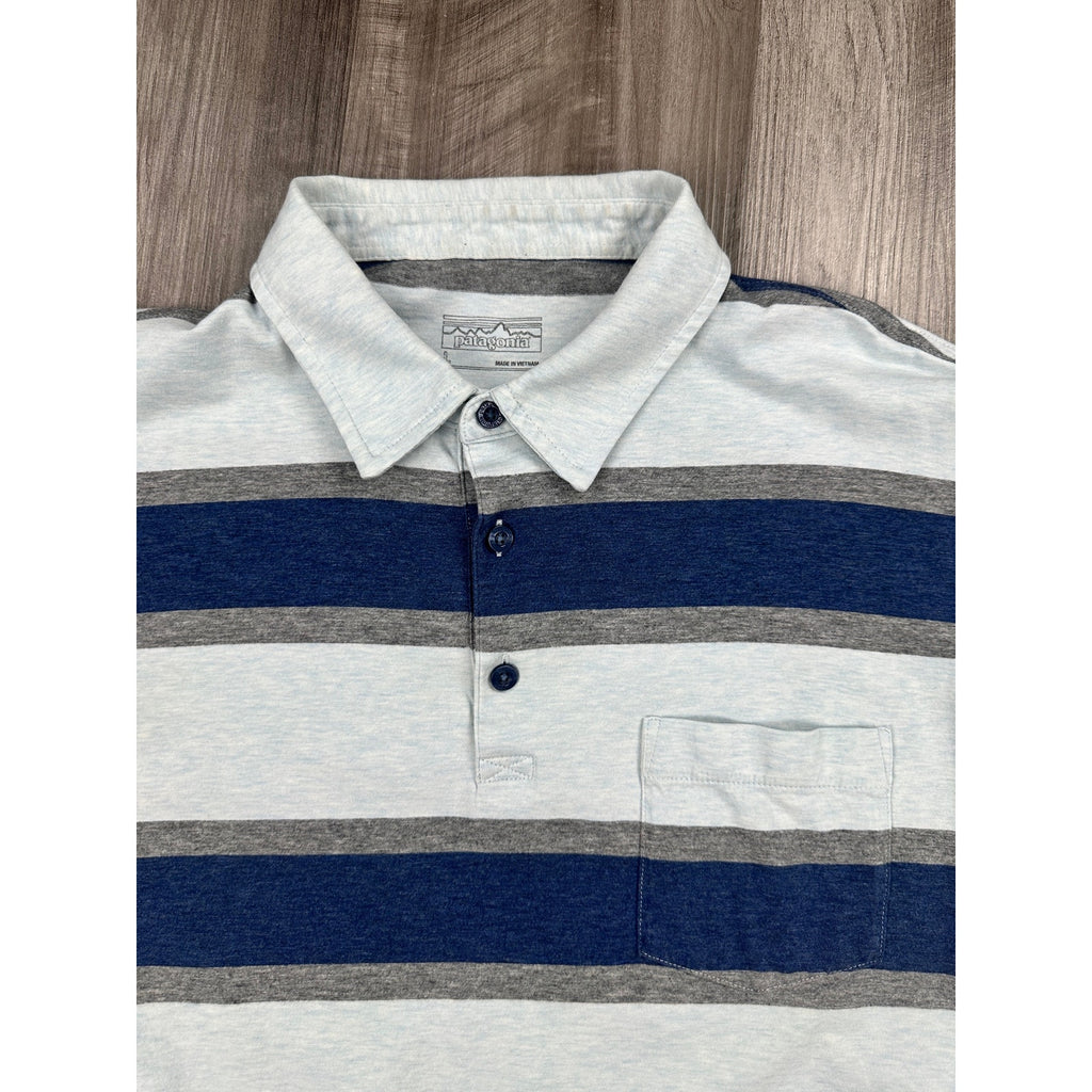 Patagonia Squeaky Clean Rugby Stripe Polo in Atoll Blue — Size Large // Preowned