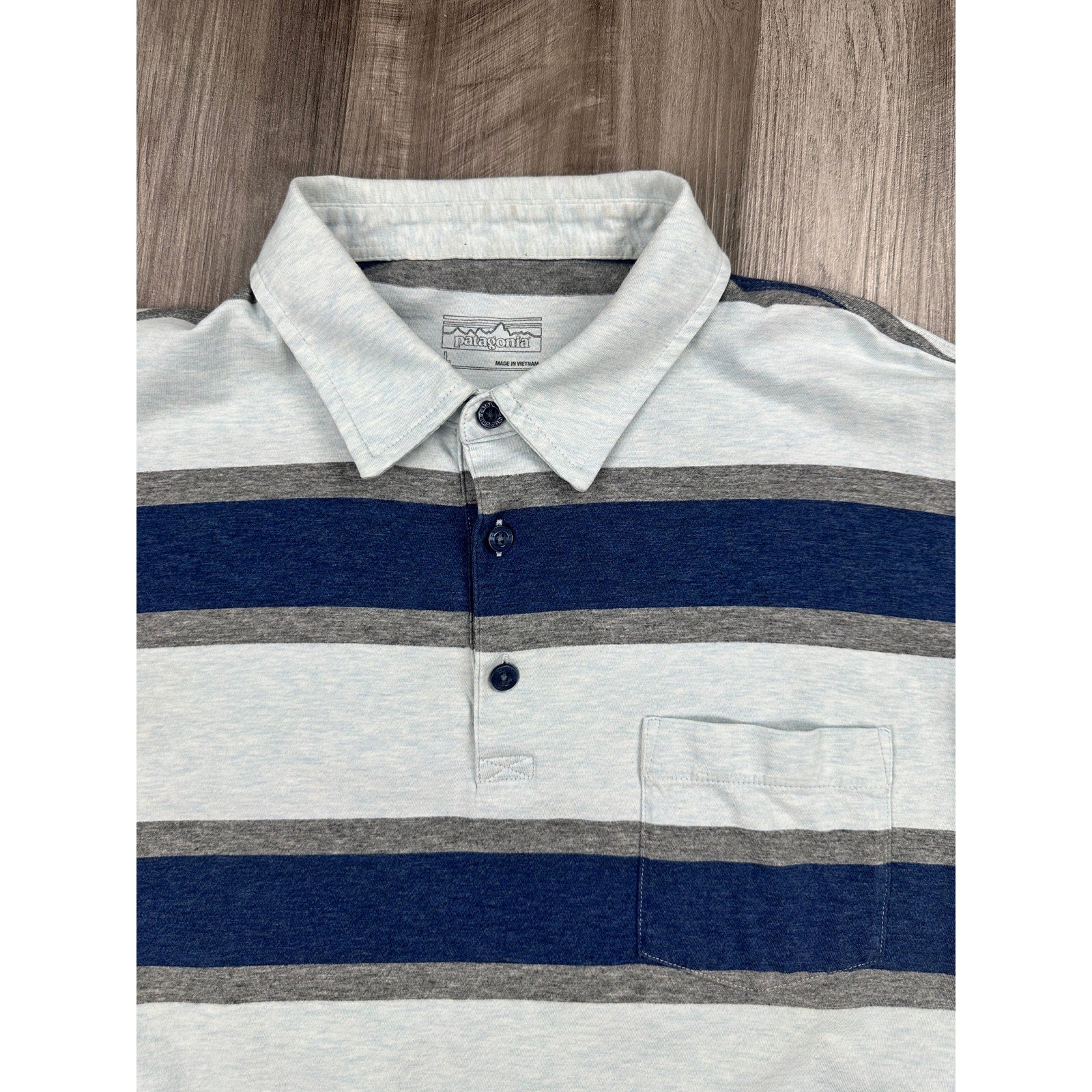 Patagonia Squeaky Clean Rugby Stripe Polo in Atoll Blue — Size Large // Preowned