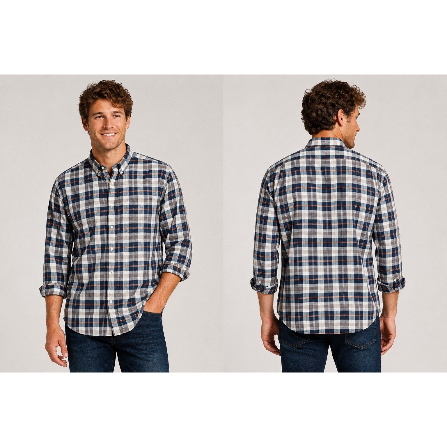 The Normal Brand Plaid Long Sleeve Button Down in Navy Orange Brown and White — Size XL // Preowned