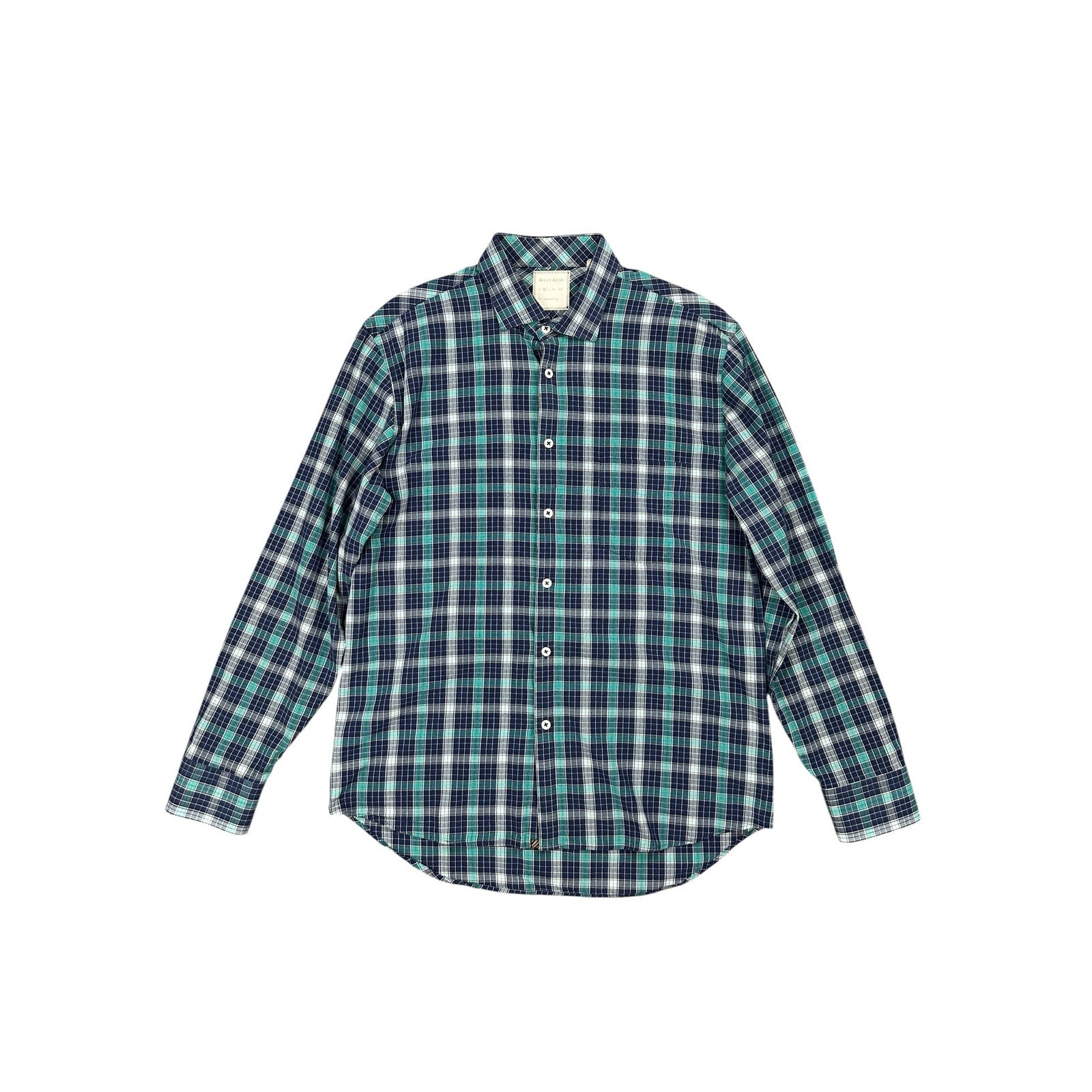 Billy Reid Standard Cut Plaid Long Sleeve Shirt in Navy, Teal, White — Size Medium // Preowned
