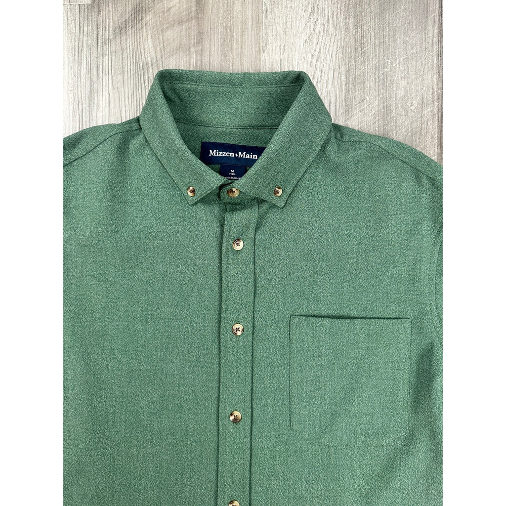 Mizzen+Main Trim Fit City Flannel Golf Long Sleeve Button Down in Heather Spruce Green — Size Medium // Preowned