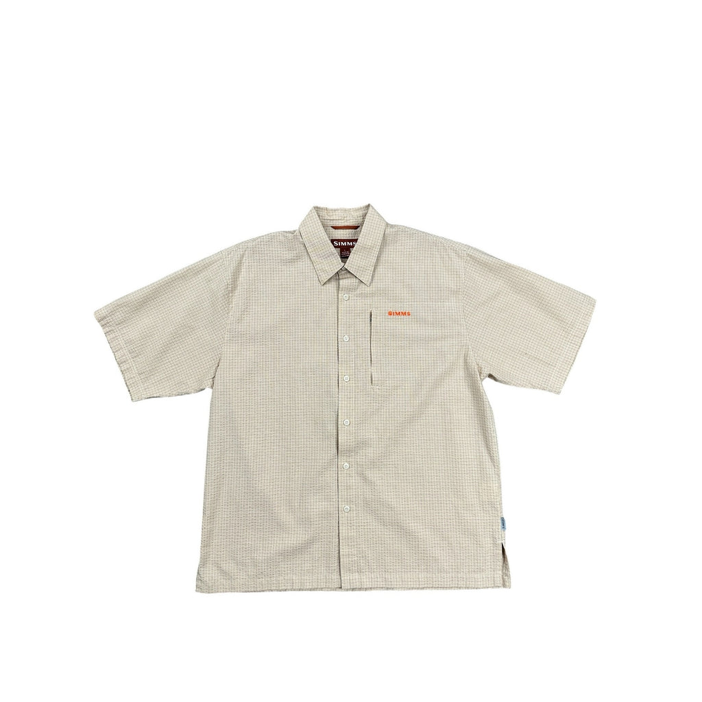 Simms Plaid Seersucker COR3 Short Sleeve Fishing Shirt in Cream Tan Olive Red Orange — Size Large // Preowned