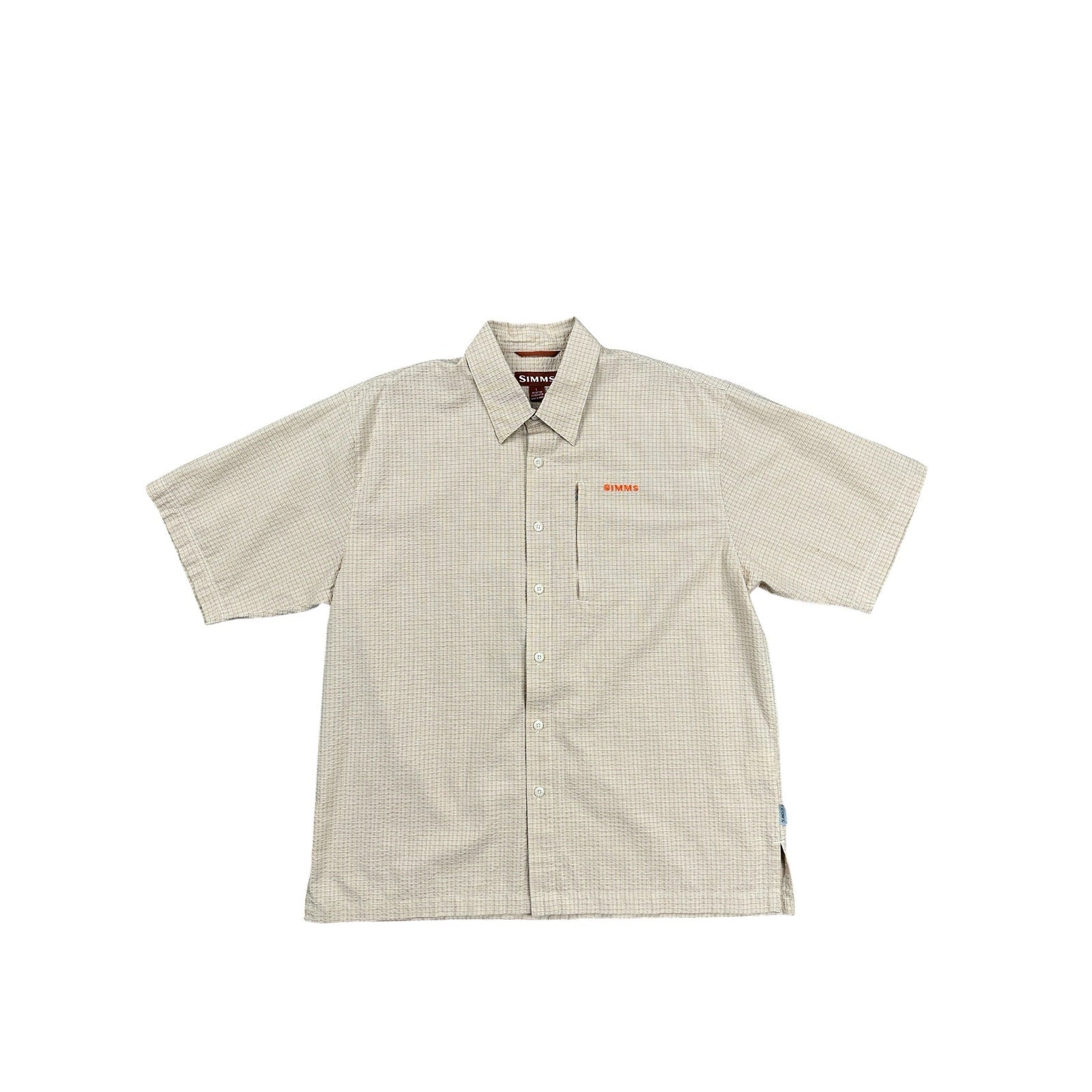 Simms Plaid Seersucker COR3 Short Sleeve Fishing Shirt in Cream Tan Olive Red Orange — Size Large // Preowned