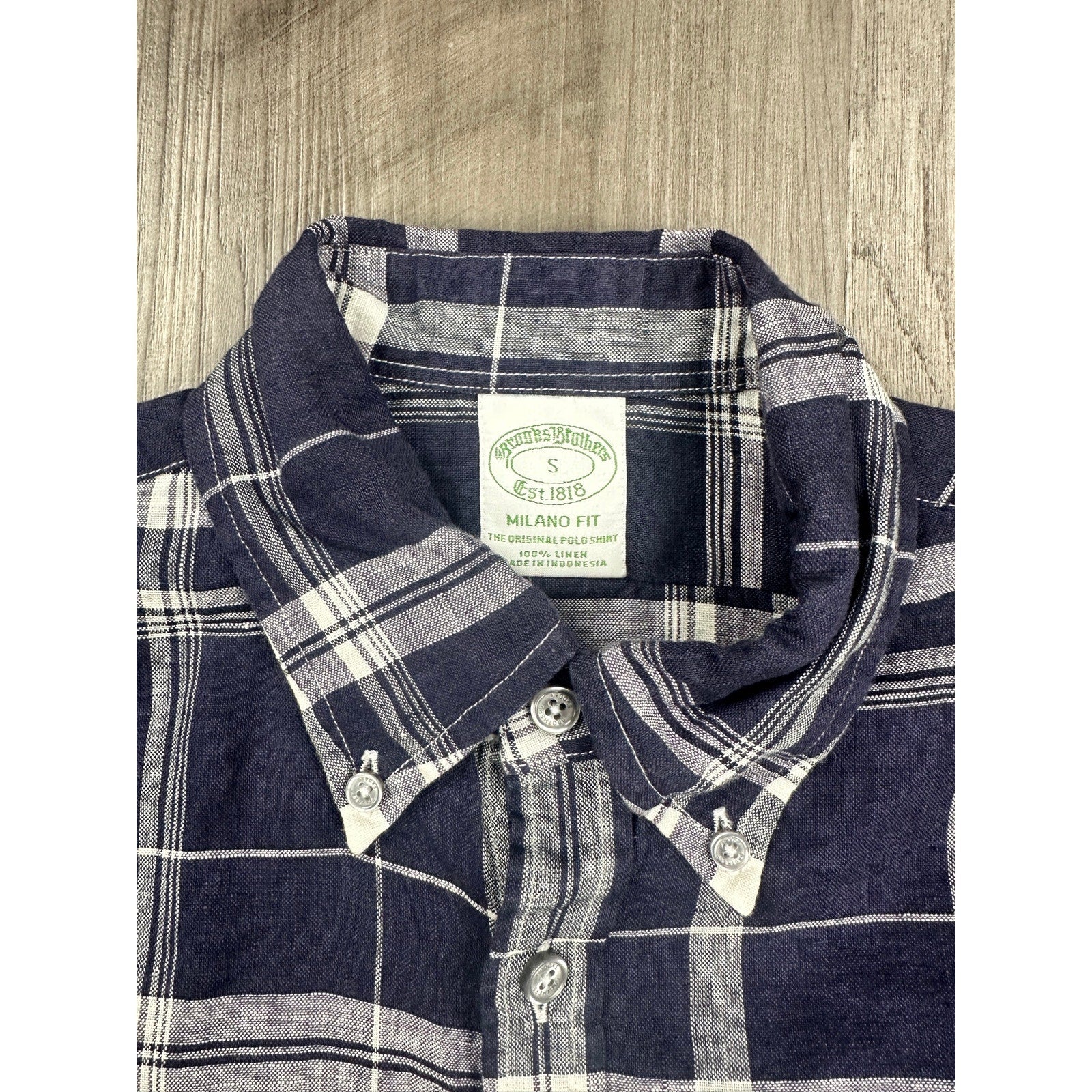 Brooks Brothers Milano Fit Baird McNutt Irish Linen Plaid Long Sleeve Button Down in Navy White — Size Small // Preowned