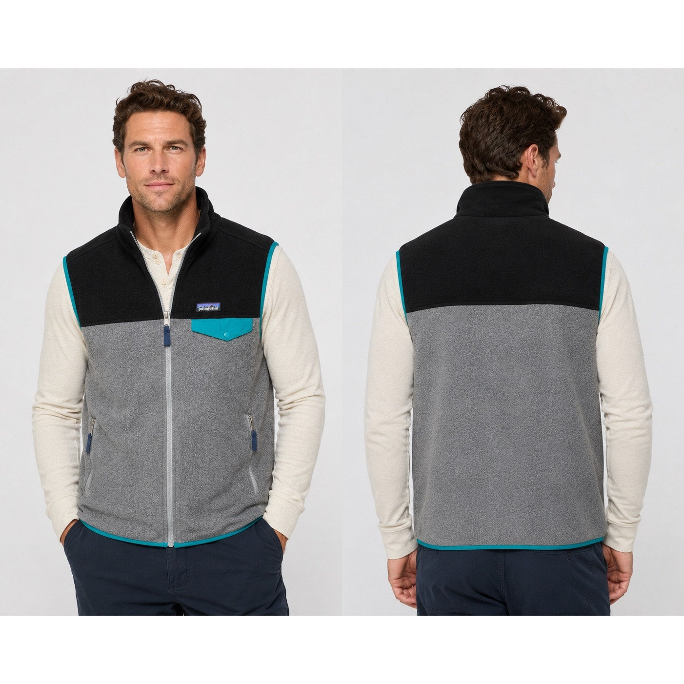 Patagonia Lightweight Synchilla Snap-T Vest in Black, Gray and Green Teal — Size Large // Preowned