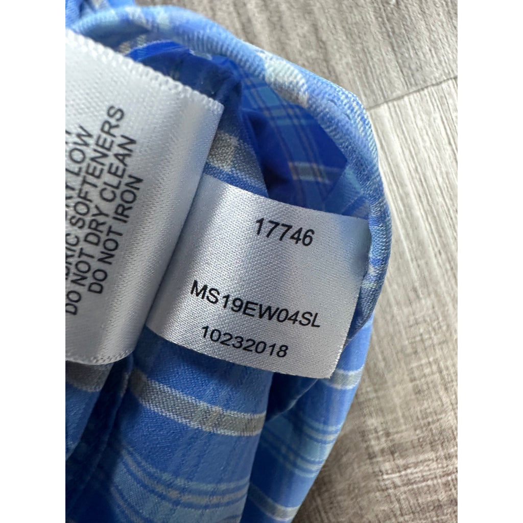 Peter Millar Summer Comfort Plaid Eagle Point Golf Club Long Sleeve Button Down in Blue Tan White — Size Large // Preowned