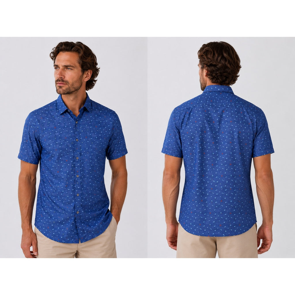 Bugatchi Classic Fit Starfish Sea Shell Print Short Sleeve Button Down in Dark Chambray Multi — Size Large // Preowned