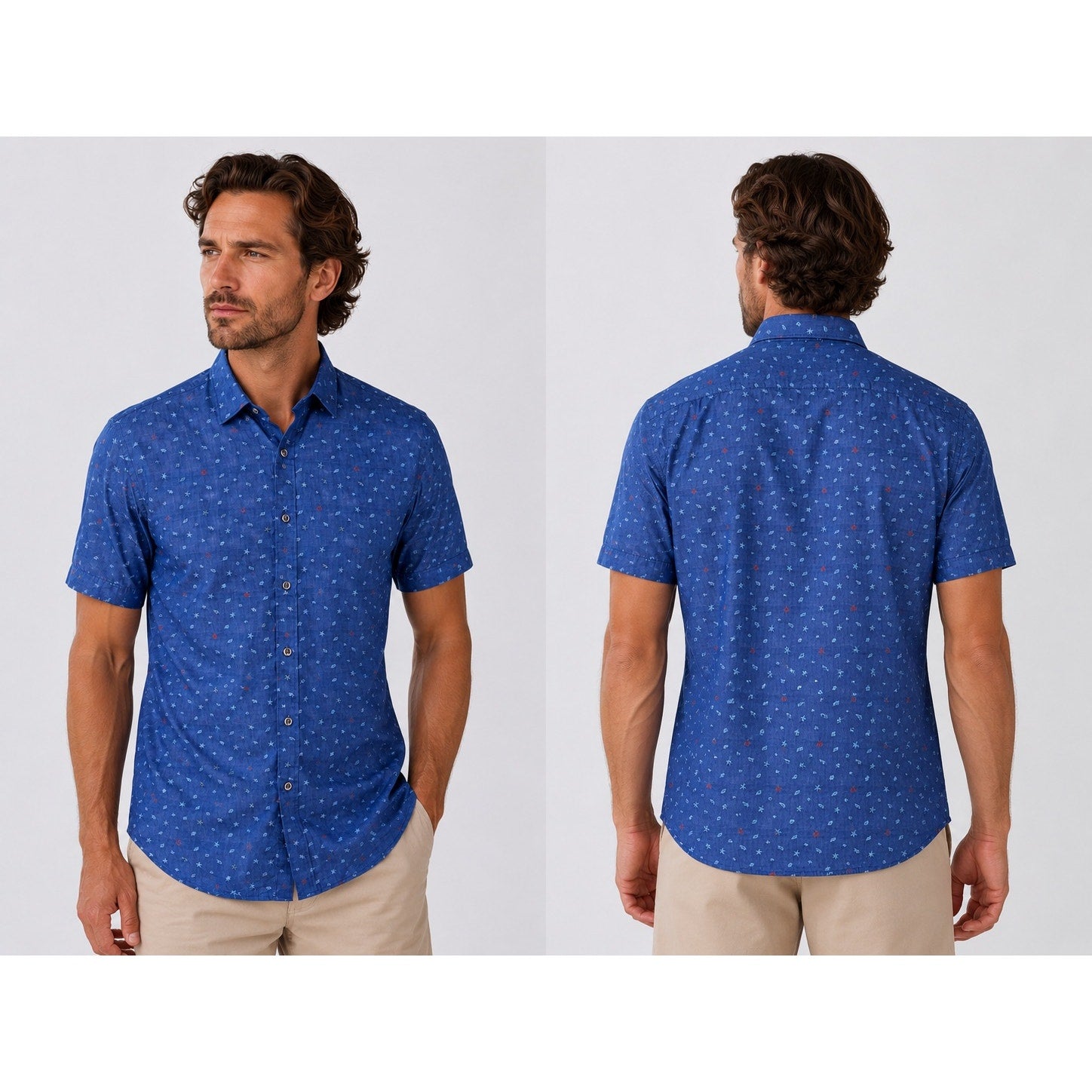 Bugatchi Classic Fit Starfish Sea Shell Print Short Sleeve Button Down in Dark Chambray Multi — Size Large // Preowned