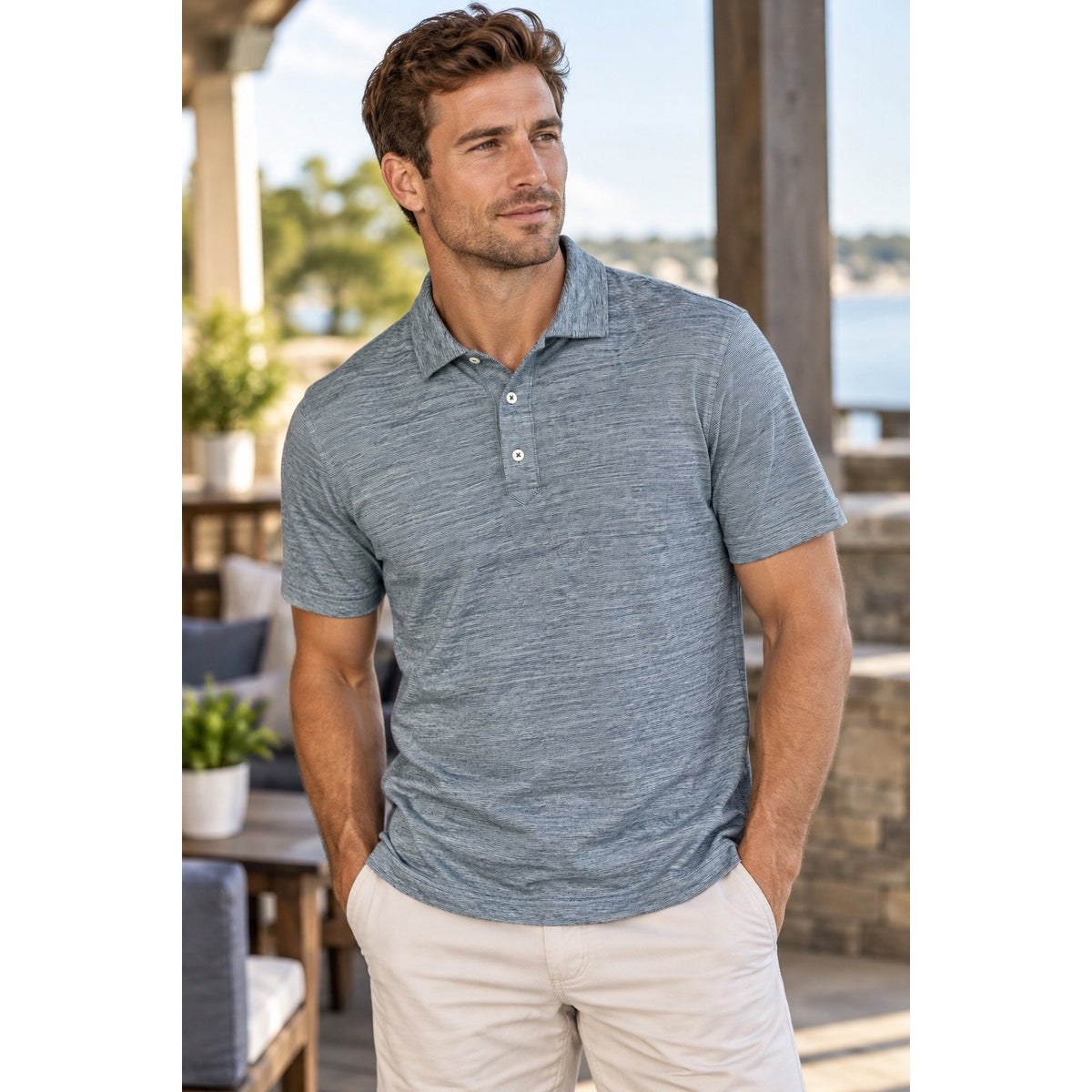 UNTUCKit Bardini Linen Blend Micro Stripe Regular Fit Polo — Size Medium // Preowned
