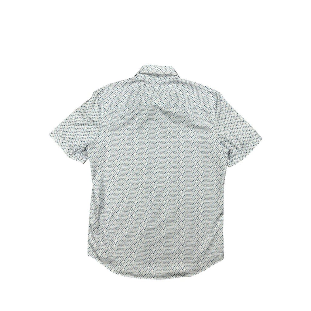 Bugatchi Miles Dot OoohCotton 8 Way Stretch Short Sleeve Shirt in Stone, Purple, Blue — Size Small