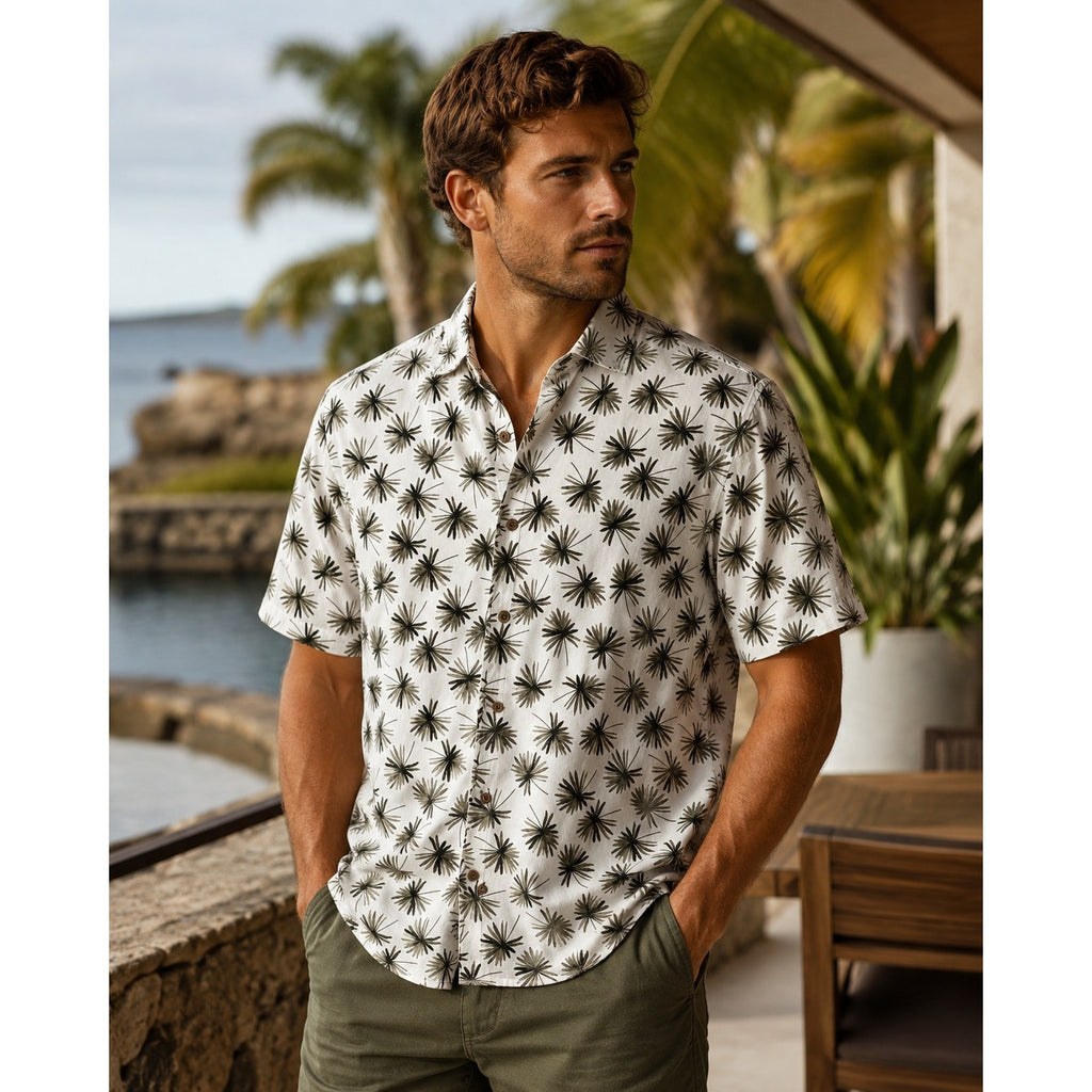 Bugatchi Comfort Stretch Shaped Fit Short Sleeve Shirt in Olive — Size Medium // Preowned