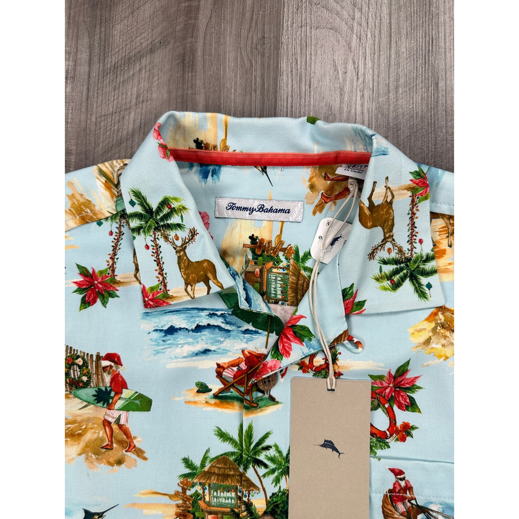 Tommy Bahama Santa Shores Tropical Hawaiian Christmas Short Sleeve Button Down in Light Sky — Size XS