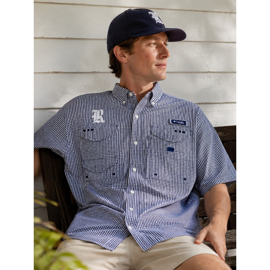 Columbia Rice Owls Super Bonehead PFG Vented Button Down in Navy Gingham — Size M // Preowned