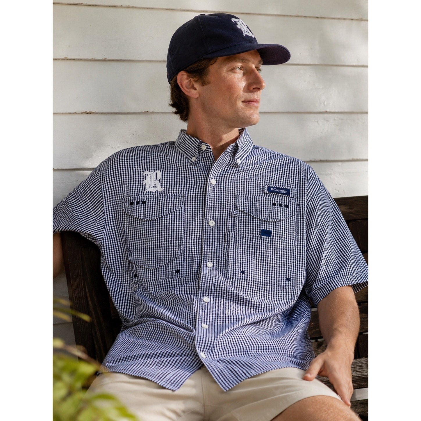 Columbia Rice Owls Super Bonehead PFG Vented Button Down in Navy Gingham — Size M // Preowned