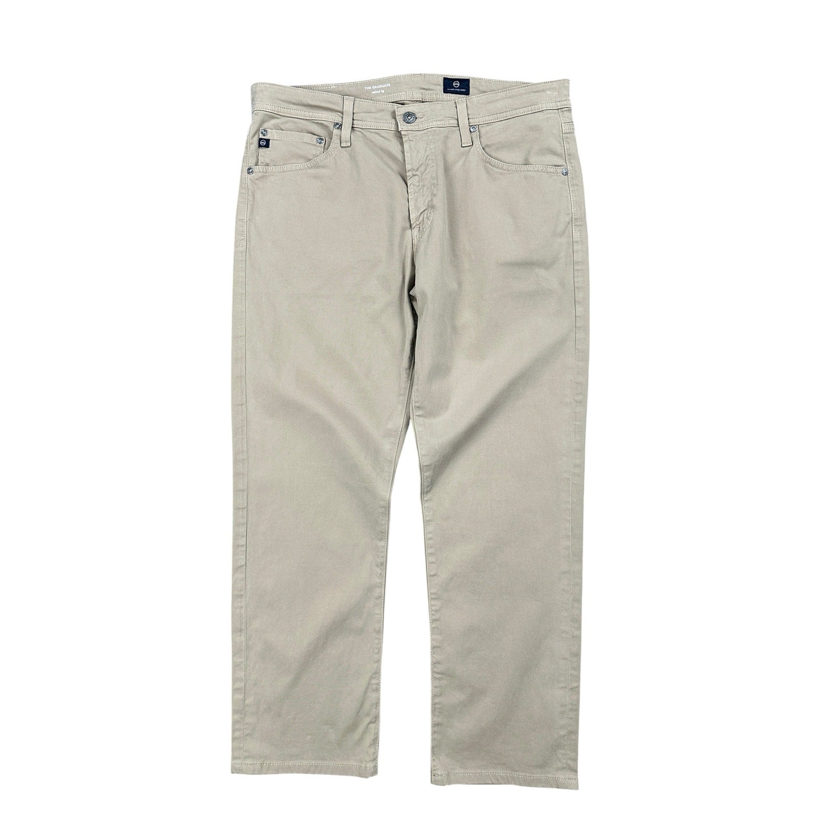 AG Adriano Goldschmied Graduate Tailored Leg Sueded Stretch Sateen Chino Jean in Khaki — Size 34x32 // Preowned