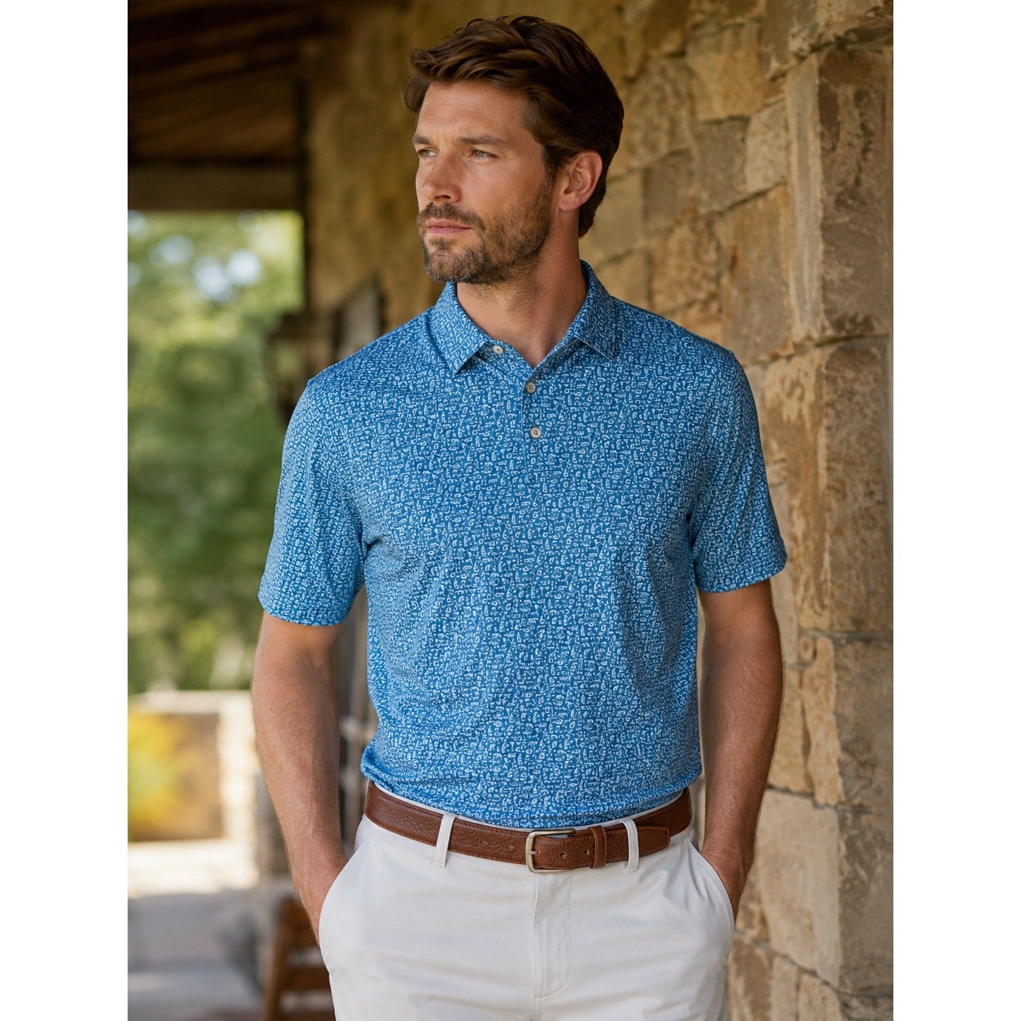 Peter Millar Crown Sport Oak Print Bourbon Jersey Polo in Slate Blue — Size 2XL