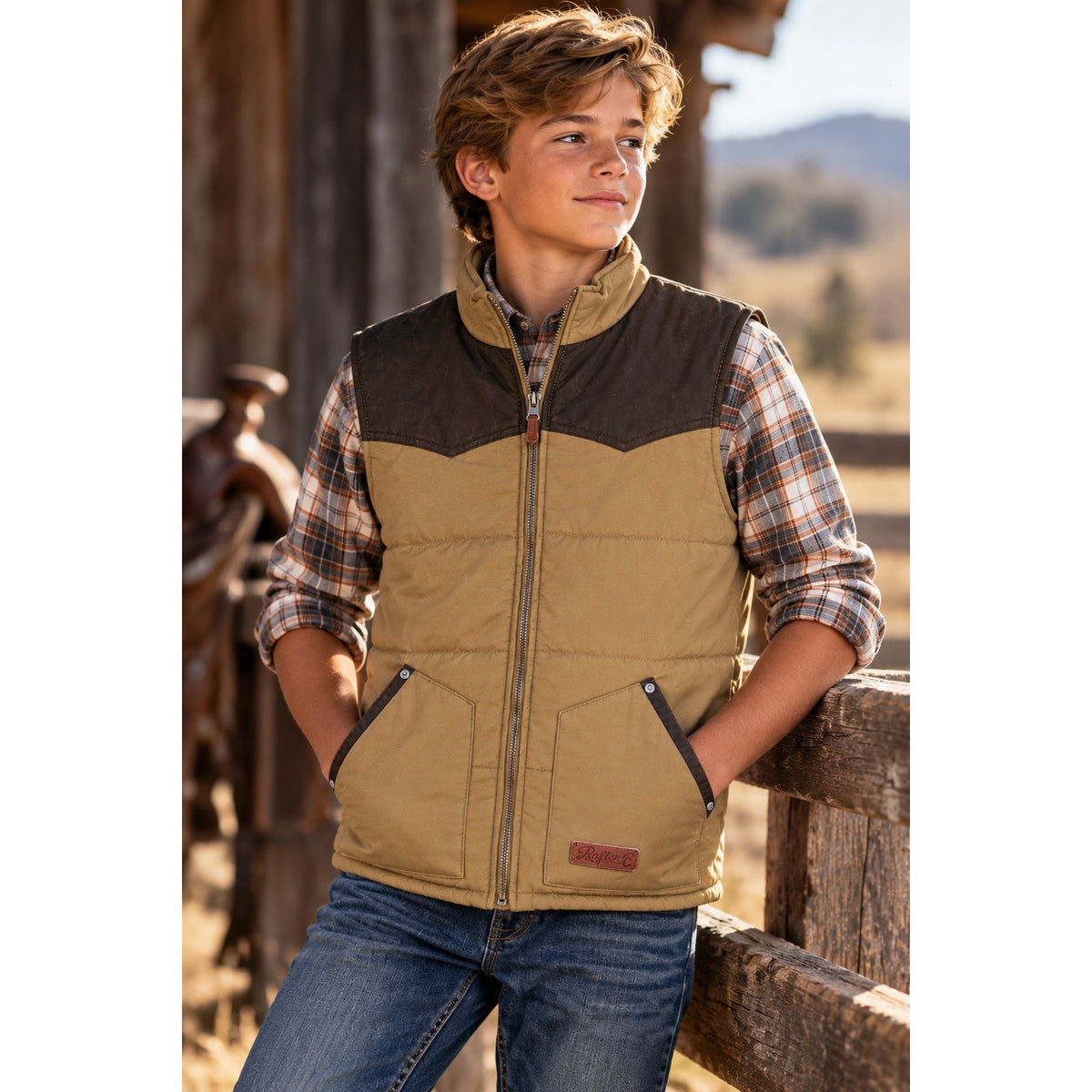 Rafter-C Boys' Camel with Chocolate Brown Yokes Quilted Western Vest — Size Boys XL
