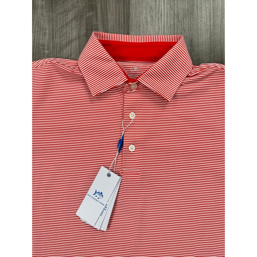 Southern Tide Brrr Meadowbrooke Striped Golf Polo in Poppy Red and White — Size Small