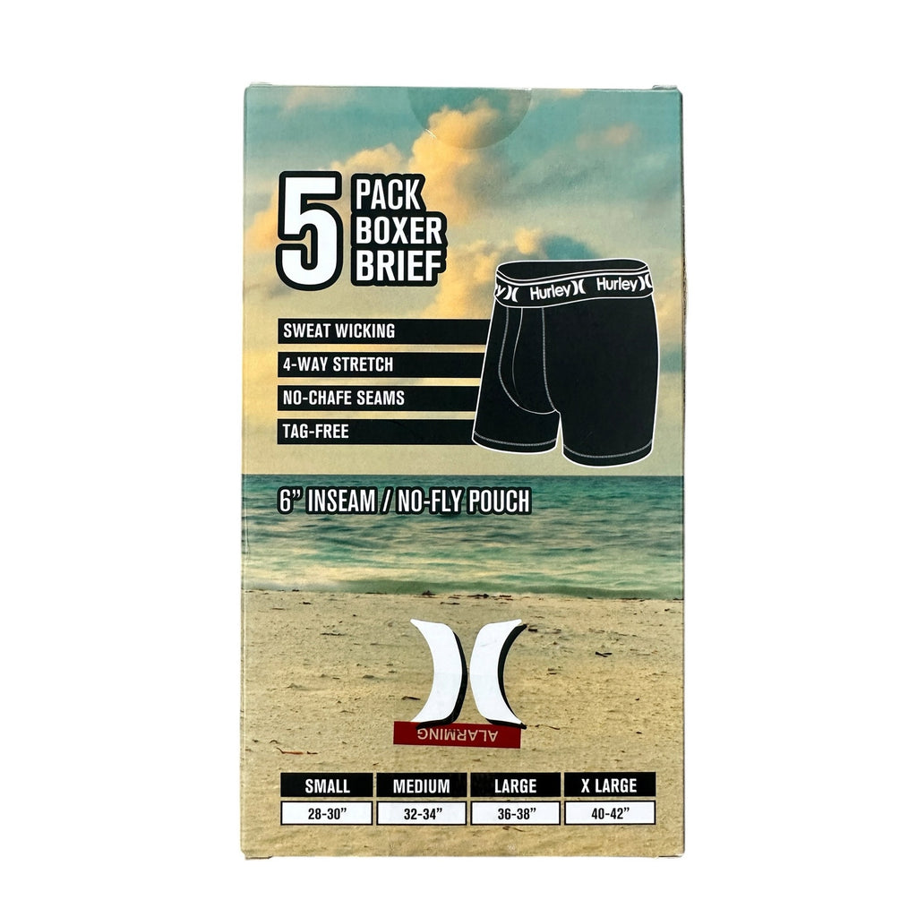 Hurley 6-Inch No Fly Pouch Sweat Wicking Boxer Briefs 5-Pack — Size Small