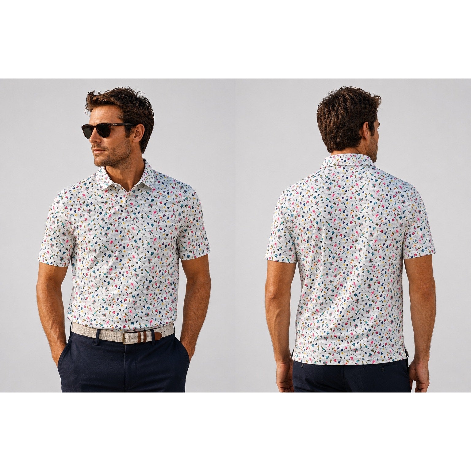 1764 Festival Print Golf Polo in Silver Gray Ivory Multi-Print — Size Medium // Preowned