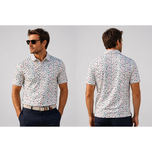 1764 Festival Print Golf Polo in Silver Gray Ivory Multi-Print — Size Medium // Preowned