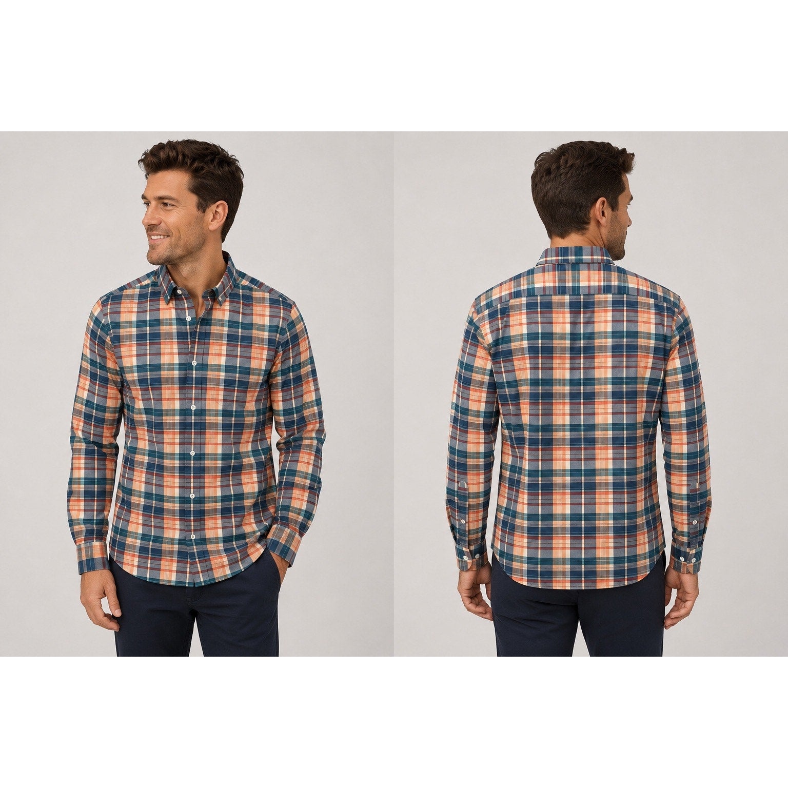 Mizzen+Main Leeward Collection Trim Fit Plaid Long Sleeve Button Down in Peach, Slate Blue, Teal, Green and White — Size 2XL // Preowned