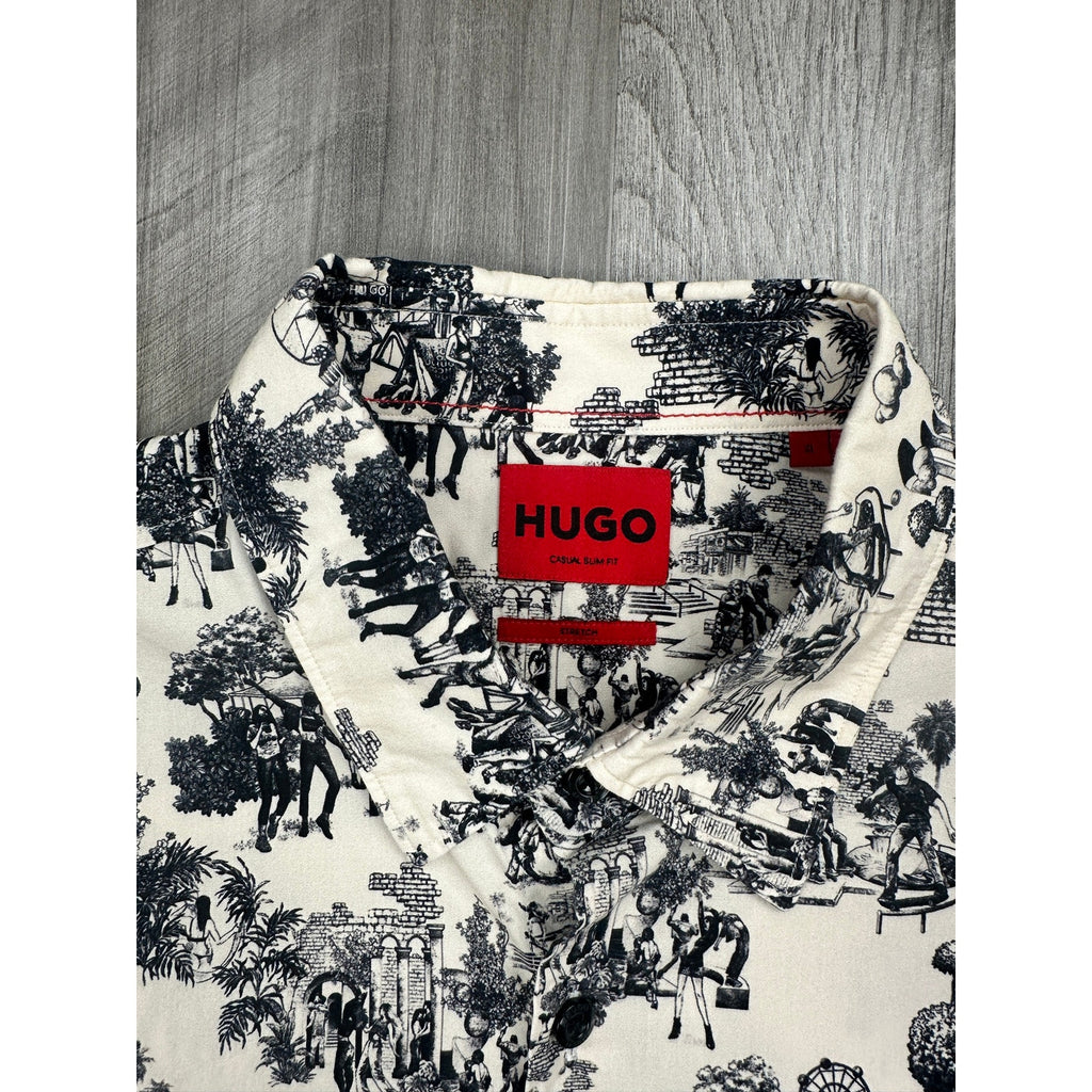 HUGO Ermo Stretch City Print Long Sleeve Shirt in Cream, Black — Size XL // Preowned