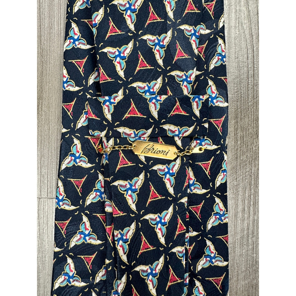 Brioni Geometric Triskelion Tessellation Made in Italy Silk Tie in Navy with Red, Gold, Blue, White — Size OS // Preowned