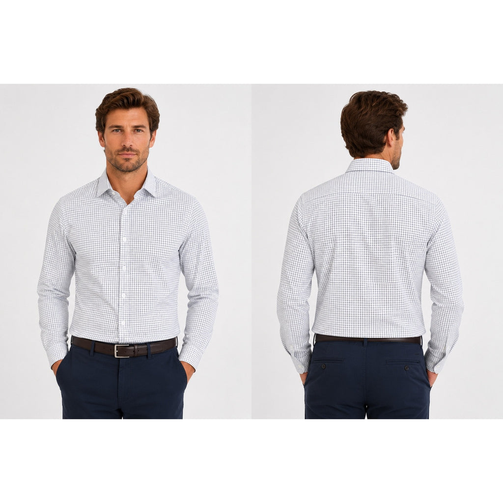 Mizzen+Main Grid Leeward Trim Long Sleeve Button Dress Shirt in White and Navy — Size Large // Preowned