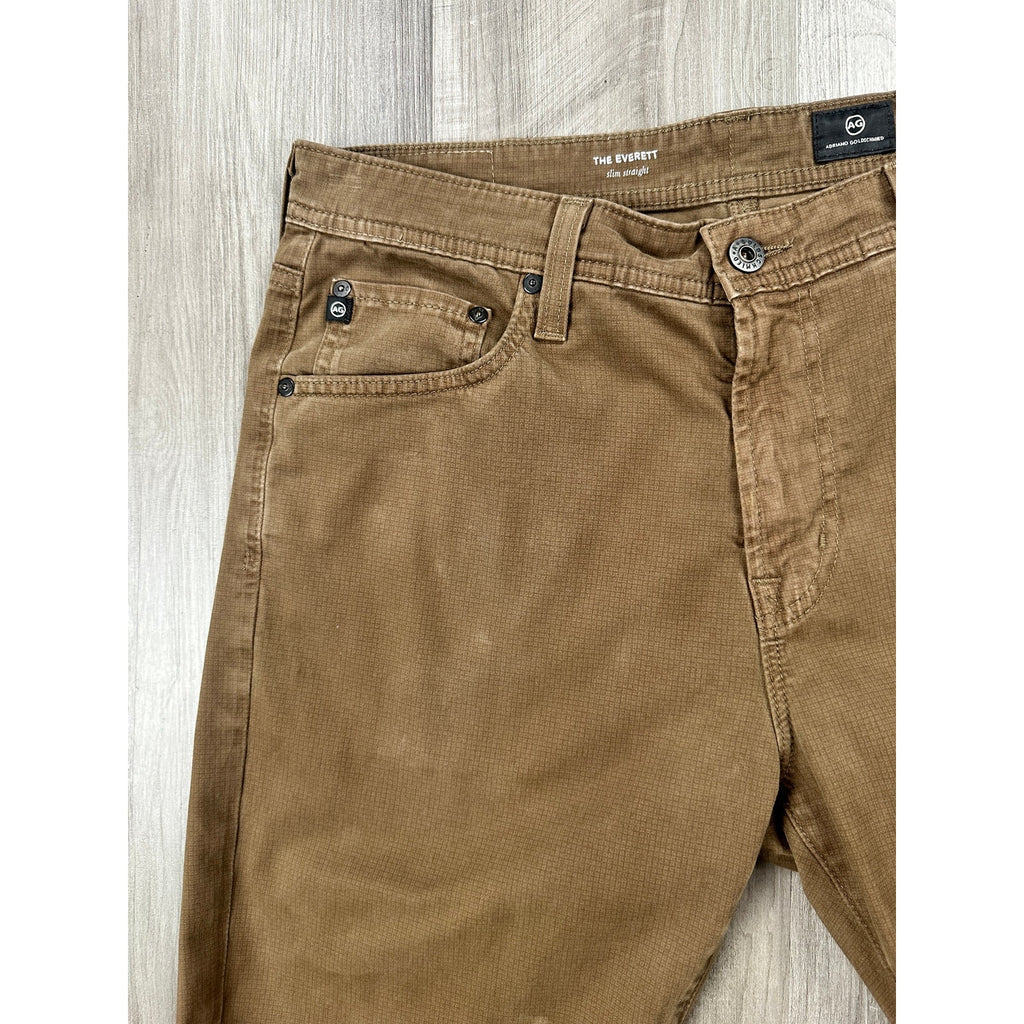 AG Adriano Goldschmied Everett Slim Straight Sueded Stretch Sateen Chino Jean in Brown Micro Check — Size 33x32 // Preowned